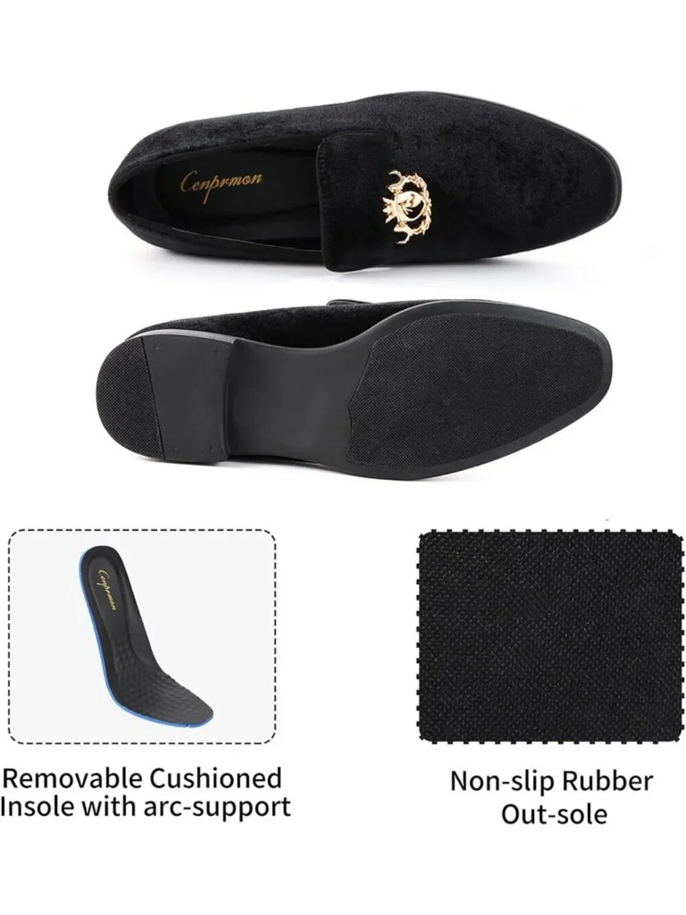 Cenprmon Men's Black Elegant Velvet Loafers Metal Buckle Penny Slip On Shoes